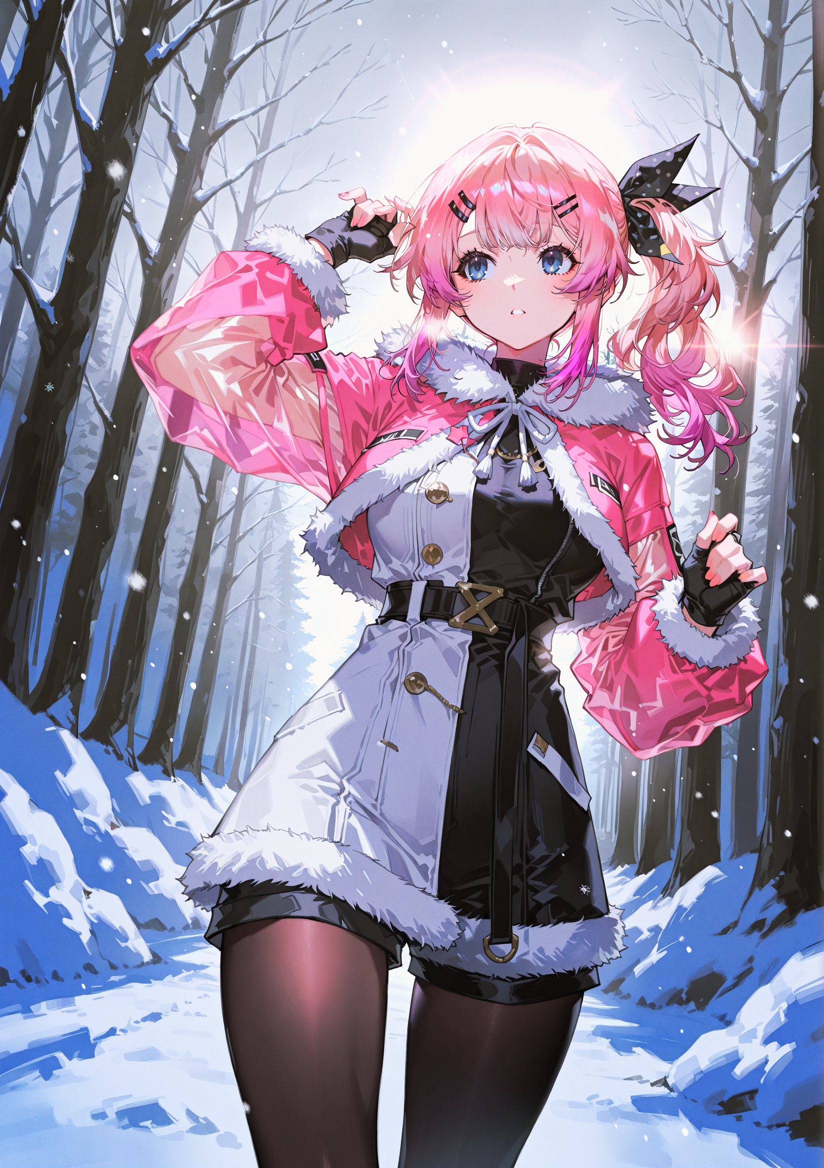 zPDXL3 Real score_9, score_8_up, score_7_up, score_6_up source_anime, highly detailed, sharp, intricate details, rating_safe rating_sensitive, rating_explicit, masterpiece, best quality, good quality, bright eyes light particles lens flare amazing quality, very aesthetic, very awa, absurdres, newest,
<lora:yoneyamaiXLNBVP1lokrV6311PZ:0.5>, <lora:96YOTTEA_IL:0.5>
<lora:nhl-001:0.4> nhl-001 film grain multicolored background  <lora:ponyv4_noob1_2_adamW:0.4>
medium breasts, dynamic pose, dynamic angle,
optical illusion, ssambatea, quasarcake, Fishine, arutera, soresaki, reoen, sanbonzakura, askzy, negative space, see-through, made of, neon light, detailed background,
niji-meruto,large breasts,blue eyes,pink hair,gradient hair,side ponytail,single side ponytail,hairclip,hair ribbon,black ribbon,polka dots ribbon,
fur-trimmed capelet, fur-trimmed dress, fur-trimmed gloves, fur-trimmed headwear, fur-trimmed jacket, fur-trimmed shorts, outdoors, forest, snowflakes, gray sky, bare tree, snow, tights
 <lora:niji-meruto:0.7>