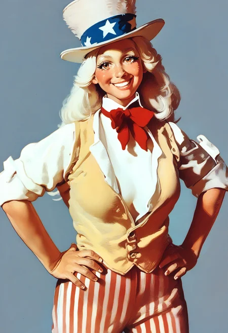 score_9, score_8_up, score_7_up, score_6_up, score_5_up, score_4_up, rating_safe, <lora:uncle_sam_v01-000030:1>1girl, solo, white hair, long hair, red vertical-striped pants, yellow vest, (white shirt:0.75), rolled up sleeves, white top hat, (blue hat band with stars:0.5), (black boots:0.75), undone red bowtie, smile, medium breasts, looking at viewer, from front, half body, hands on hips, <lora:norman_rockwell_style_pony_v6:1>