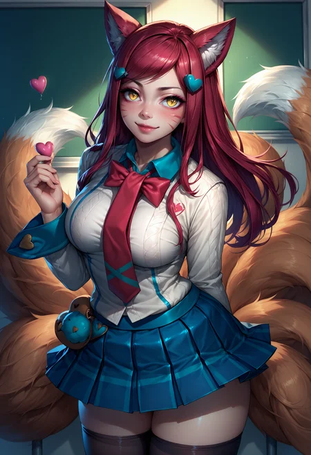 score_9, score_8_up, score_7_up, 1girl, Ahriacademy, slit pupils, animal ears, facial mark, fox tail, multiple tails, long hair, red hair, yellow eyes, large breasts, hairclip, heart hair ornament, school uniform, bow, bowtie, necktie, skirt, black thighhighs, <lora:AhriAllInOne_pdxl_Incrs_v1:1>, seductive smile,