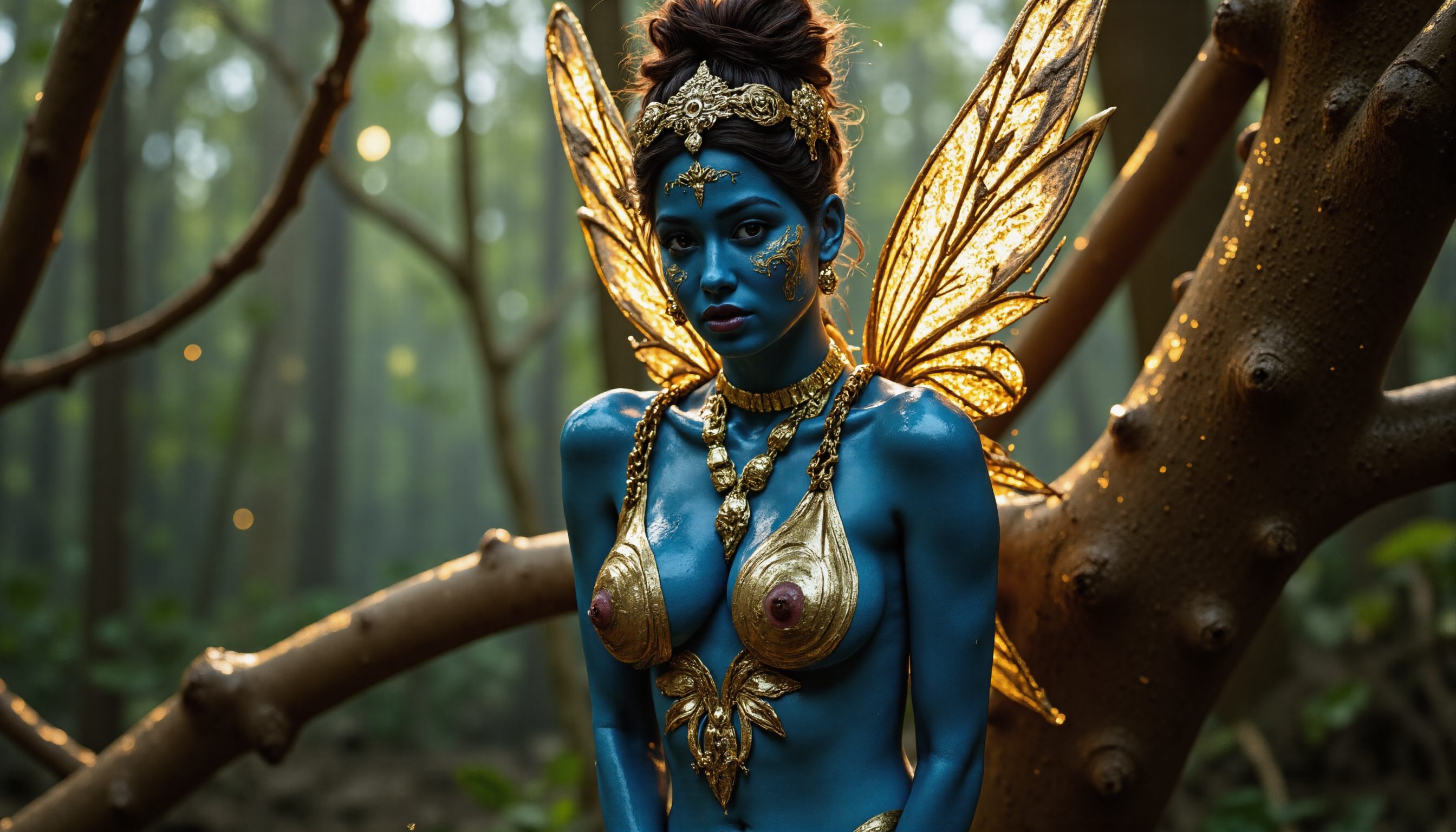 A fantastical, highly detailed portrait  close up of a Tinkerbell-inspired character with a seductive flair. and a curvy figure. She has striking blue skin, a vibrant contrast to her golden adornments, which include intricate, swirling patterns on her face and neck. Her skin is adorned with elaborate, gold-painted designs that resemble intricate, swirling patterns and geometric shapes, enhancing her exotic and regal appearance. She sits gracefully on a tree branch, her glittering, semi-transparent wings radiating with a soft, ethereal glow. The background is a dreamy forest, with volumetric light streaming through the trees, casting enchanting sparkles and a diamond-like shine around her. Her outfit is alluring yet elegant, accentuating her curvy figure  and very large hips with tasteful details, and her expression is playful and confident.  deep cleavage,Her breasts are covered with a glossy, translucent substance that enhances their size and gives them a shiny appearance. The fluid, possibly oil or water, glistens under the lightingThe entire scene is illuminated with soft, magical lighting, creating a surreal, mystical atmosphere. The attention to detail enhances her shimmering skin and the intricate textures of her surroundings, blending fantasy and realism seamlessly.