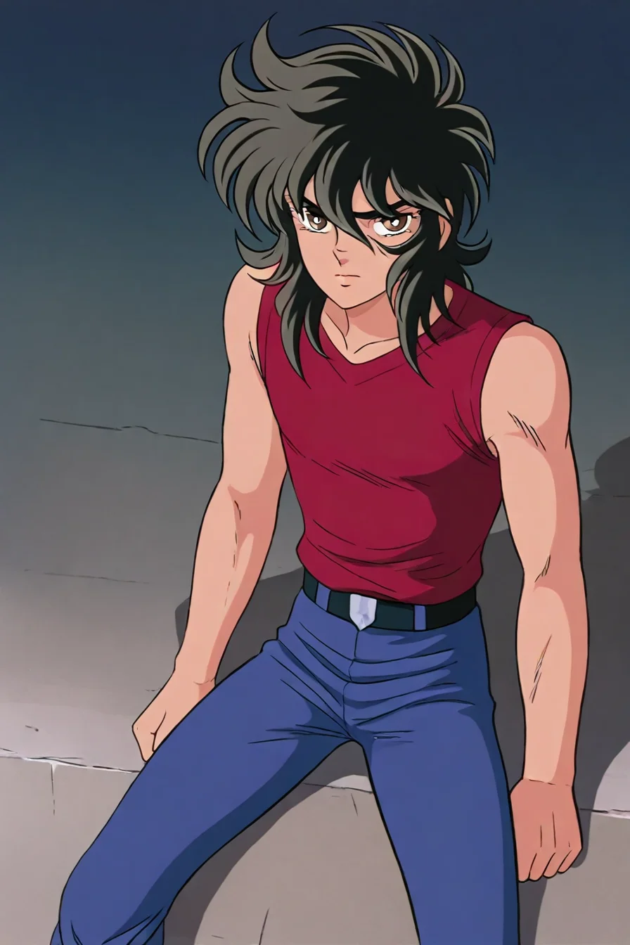 1boy, solo, alone, brown eyes, black hair, red shirt, sleeveless shirt, blue pants, <lora:saint_seiya_style_illustriousXL:0.8>, saint_seiya_style, masterpiece, highres
