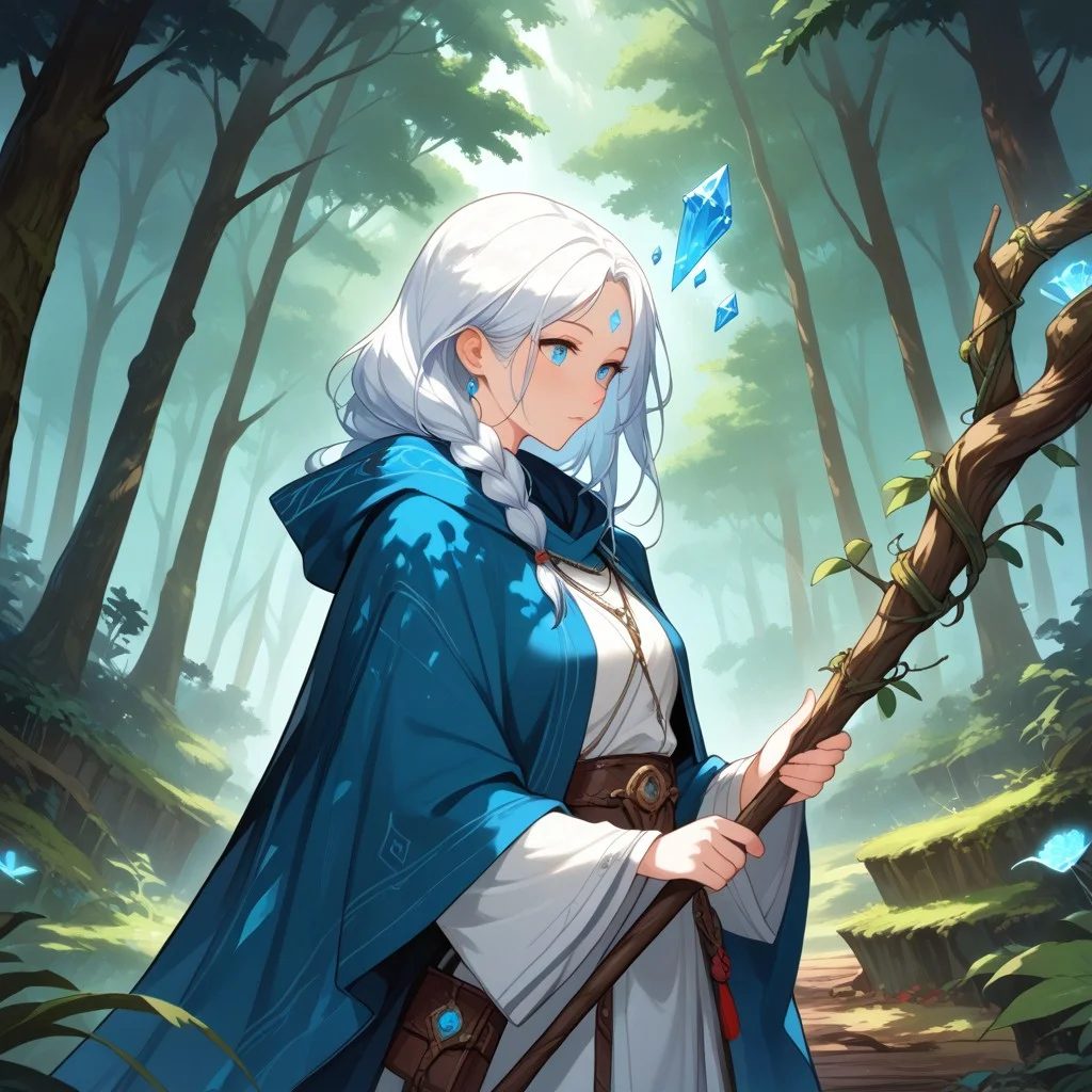 score_9, score_8_up, score_7_up, score_6_up, 1girl (,1girl,animal hands a misty forest, long white hair with intricate braids and leaves woven in, , subtle blue rune on forehead, wearing earthy green and brown robes made of natural materials, leather accents and bark-like armor pieces, flowing cloak of woven vines and leaves, holding a gnarled wooden staff topped with a glowing blue crystal, wisps of natural magic swirling around, forest animals nearby, dappled sunlight through trees, atmospheric, cinematic, 8k resolution,FeliciaSDXL
