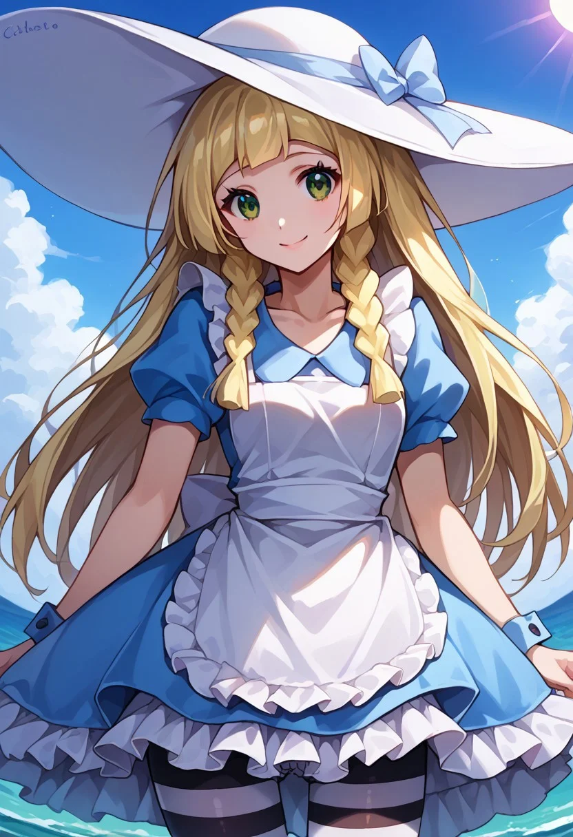 score_9, score_8_up, score_7_up, source_anime, zzlillie, long hair, braid, sun hat, white headwear, collarbone, smile <lora:alice-cosplay-ponyxl-lora-nochekaiser:1>, alicecosplay alice \(alice in wonderland\) \(cosplay\), apron, black pantyhose, bloomers, blue dress, bow, dress, frilled apron, frilled dress, frills, puffy short sleeves, puffy sleeves, striped clothes, striped pantyhose, white apron, white bloomers, white pantyhose, wrist cuffs, cowboy shot, Dutch angle, looking at viewer