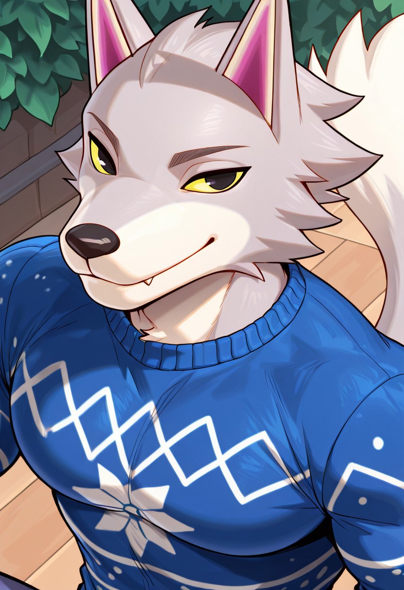 <lora:Fang_Animal_Crossing__IL_:1>, masterpiece, absurdres, highres, best quality, 1boy, solo, FangAC, yellow sclera, black eyes, wolf, furry, anthro, long tail, blue sweater, muscular male, bara, portrait, big pecs, close up, smile, looking at viewer