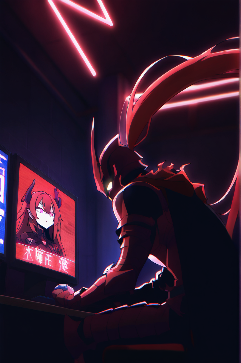8K,masterpiece, best quality, amazing quality, very aesthetic, high contrast, focused subject, vivid color.
1 igr1s, helmet, red hair, one horn is broken, red cape, glowing eyes, red armor,
,streamer, playing games on computer, gaming computer, neon lights, headphones, atmospheric room, hanging portraits of teenager igr1s
<lora:Igris_by_readandsign_v5-000009:1>
