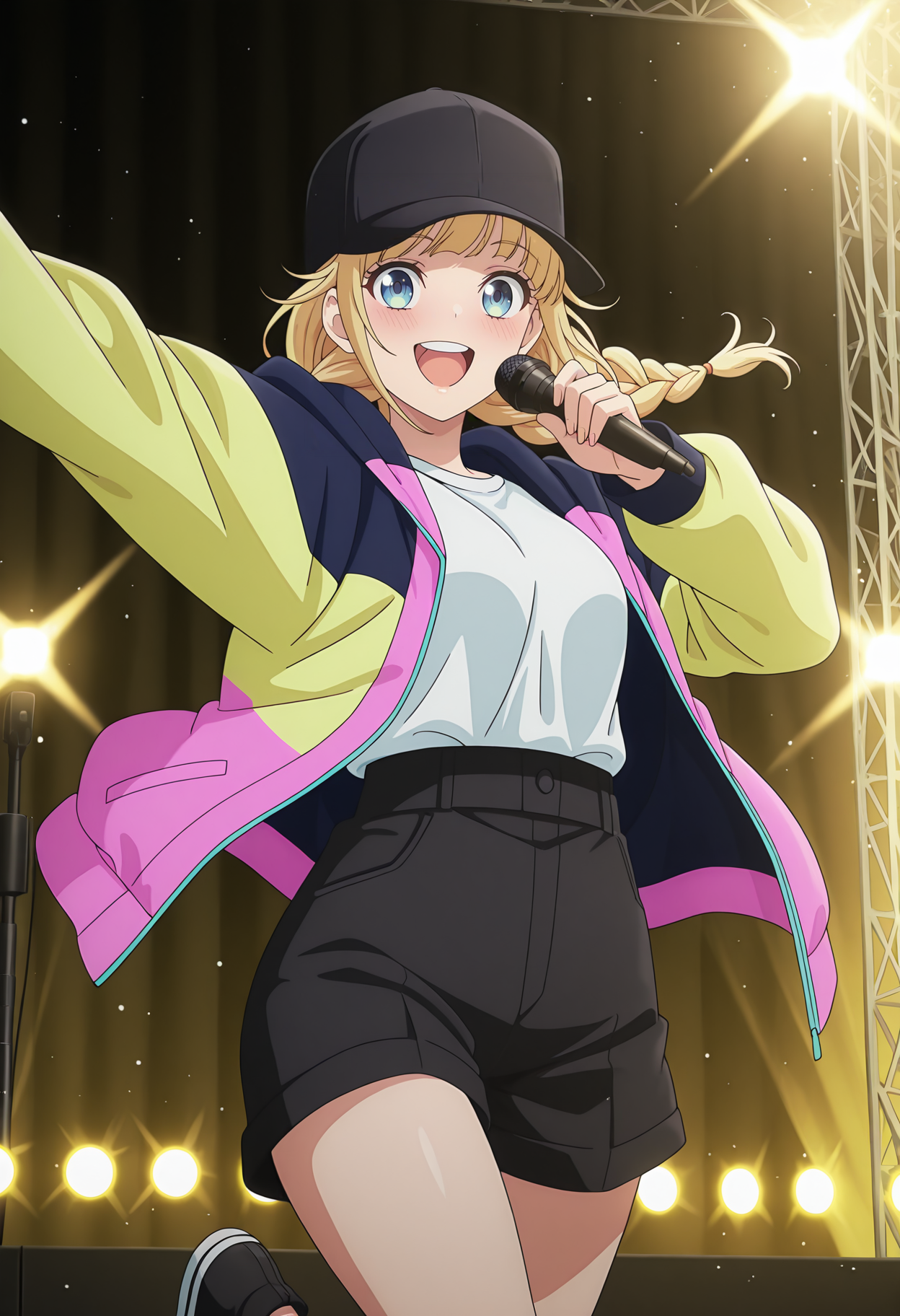 highres, best quality, masterpiece, stage lights, light particles, 
anime screencap,
1girl, solo, prpkeiko, blonde hair, twin braids, blue eyes,
multicolored jacket, hood, open jacket, baseball hat, black headwear, white shirt, shirt tucked in, black shorts,
looking at viewer, blush, smile, upper teeth only, 
standing, leg up, outstretched arm, holding microphone,
<lora:_eiko_tsukimi-elesico-ilxlA:1>