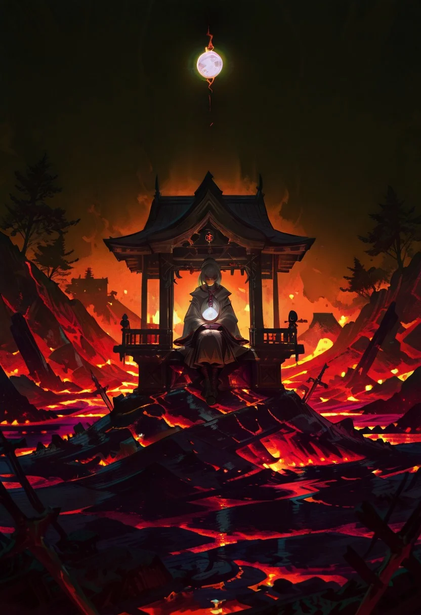 a brutalist Shrine sitting on lava, dramatic apocalypse, dim light, dramatic lighting, __drama__ color scheme, white sphere on the background