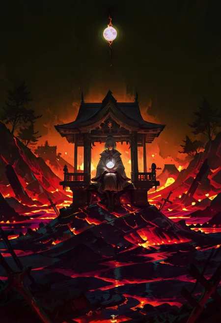 a brutalist Shrine sitting on lava, dramatic apocalypse, dim light, dramatic lighting, __drama__ color scheme, white sphere on the background