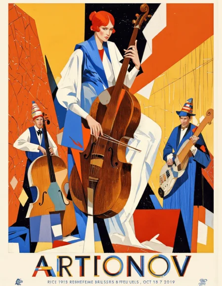Art by Riccardo Guasco. A vibrant and colorful poster for the art nouveau festival in Brussels, Belgium on October 7th, 2019. The poster features a stylized illustration of abstract figures in vibrant colors and geometric shapes, with the text "ARTONOV" at the bottom. in the center of the poster, a woman with red hair and blue and white attire is seated on a large, elongated object, holding a cello, surrounded by two smaller figures on either side. the woman has a serious expression, while the two figures on the sides are wearing colorful hats and playing various musical instruments. the background is a gradient of orange and yellow, with abstract shapes and lines, creating a dynamic and lively atmosphere. the overall design is reminiscent of modern art, with bold lines and bright colors, making the poster visually striking.