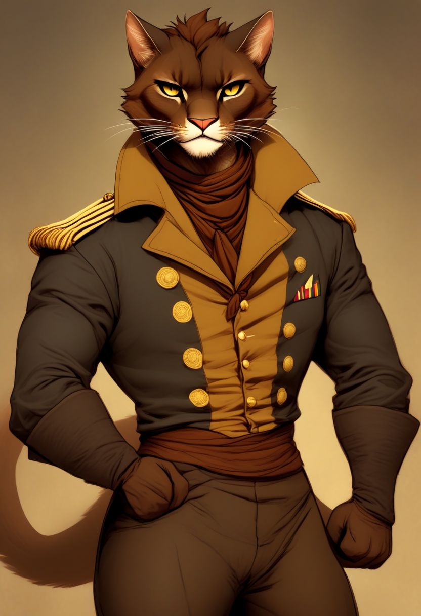 A short haired tabaxi man, sailor captain uniform, Dark brown and tan fur, Commanding, leader, confident, dancer, elegant, fit, thin puma