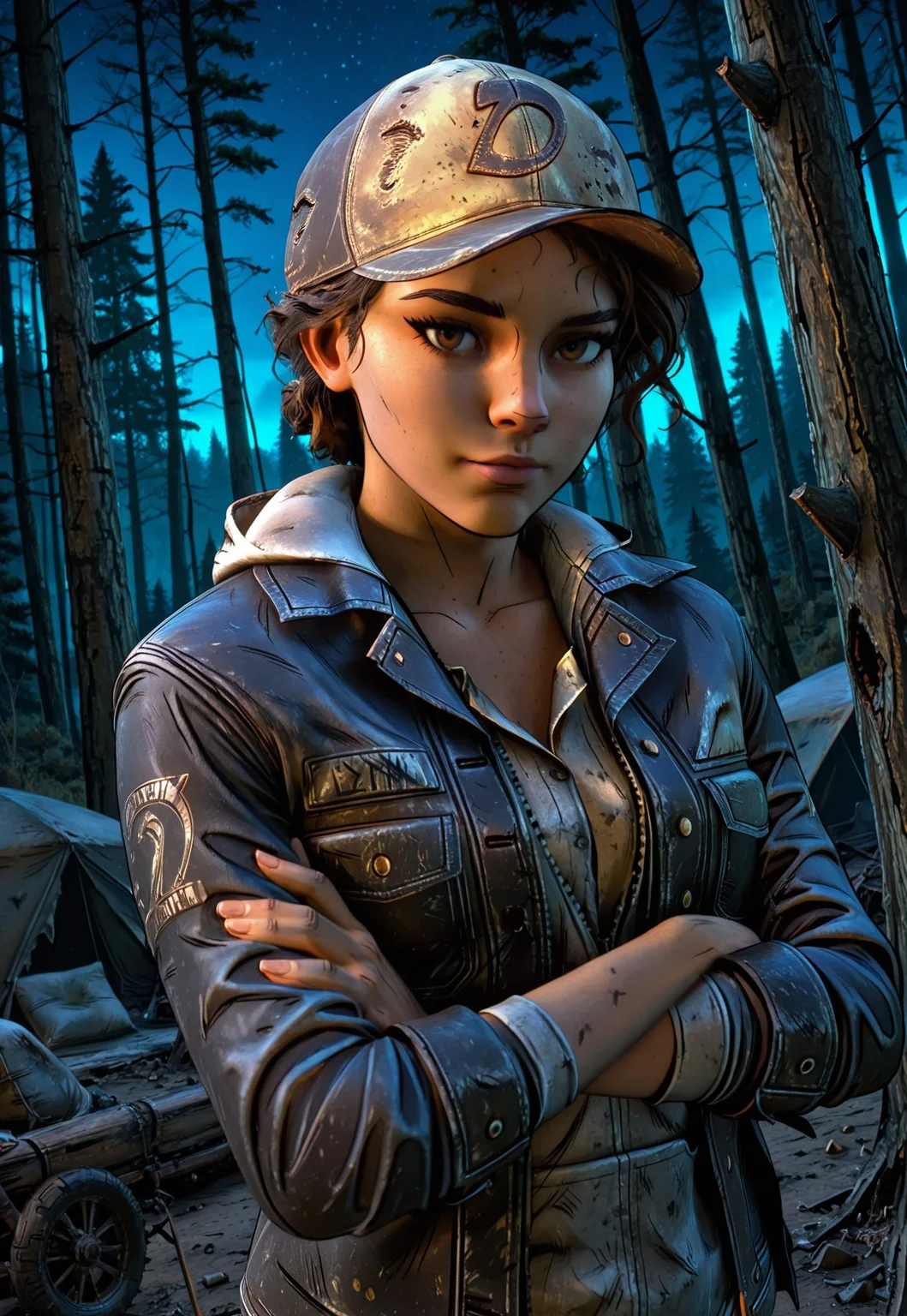 masterpiece, best quality, dynamic angle, 1girl, clementinewd, brown hair, brown eyes, baseball cap, biker jacket, hoodie, buttoned shirt, arms crossed, looking at viewer, sexy, seductive, forest, camp, apocalypse, night time, cinematic lighting, detailed scenery
