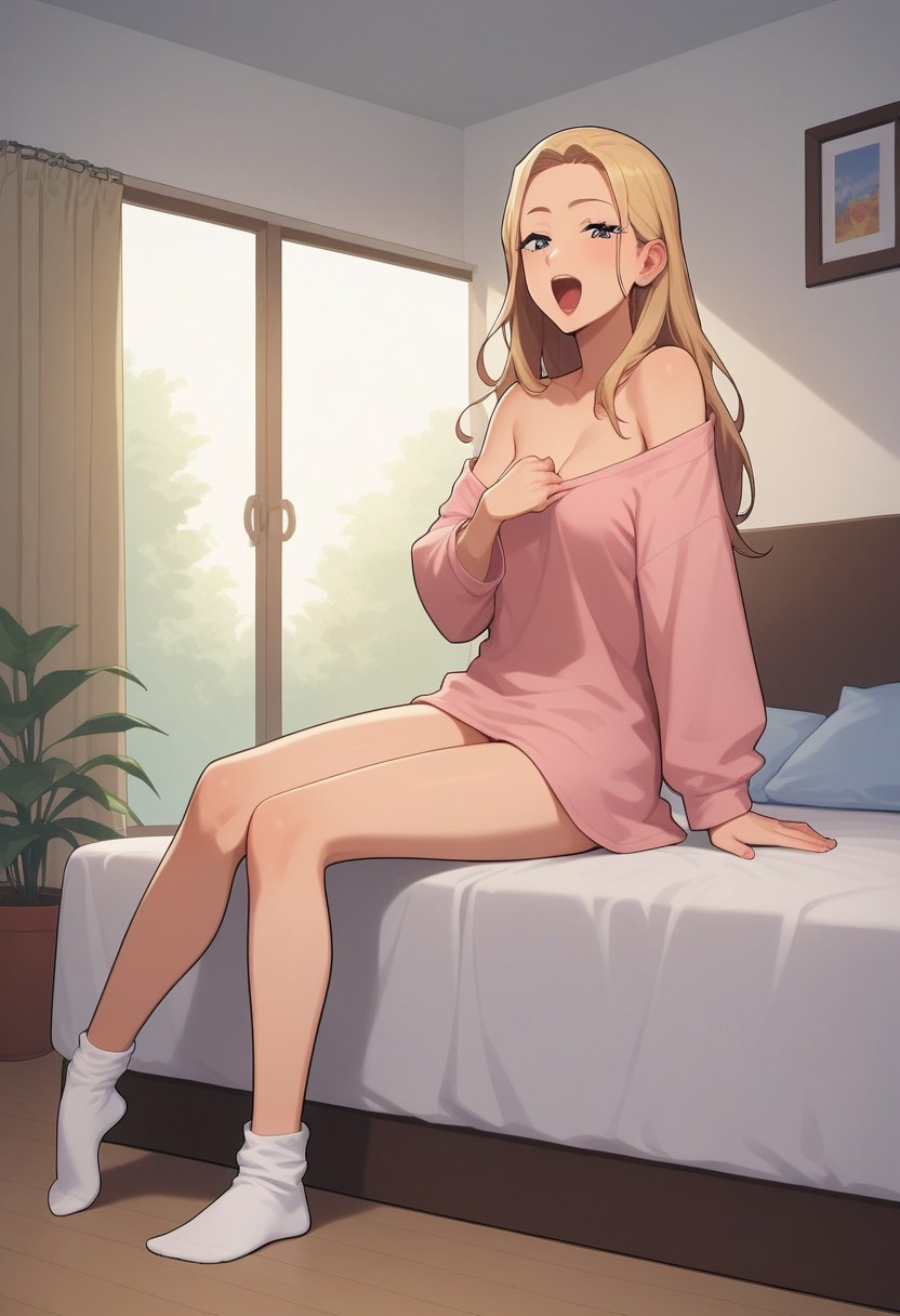 score_8, score_8_up, score_7_up, score_6_up, source_anime, bedroom, BREAK, 1girl, laying on bed, hot woman, sexy woman, solo focus, fully nude, blonde hair, long hair, stretching, bedhead, messy bun, looking down, aunt, mature woman, bored, very oversized pajama shirt, pajama shirt, wearing pajama shirt, bottomless, hot woman, open eyes, eyes open, loose pants, 1sock, wearing 1sock, clean, happy, yawn, open mouth, awake, full body, small breasts, looking at viewer, tiny feet, snapshot, masterpiece