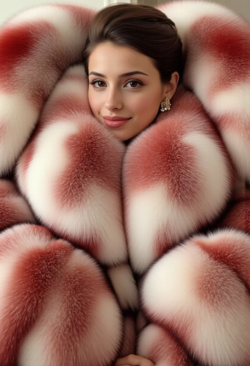 Stunning Russian woman with short brown hair, wearing a giant voluminous white and red fur coat. Face closeup. Huge fur coat. Tall, long legs, abs, very fit body, smile, seductive. Gorgeous face. Extravagant coat and hair, huge neck fur, earrings, fancy
