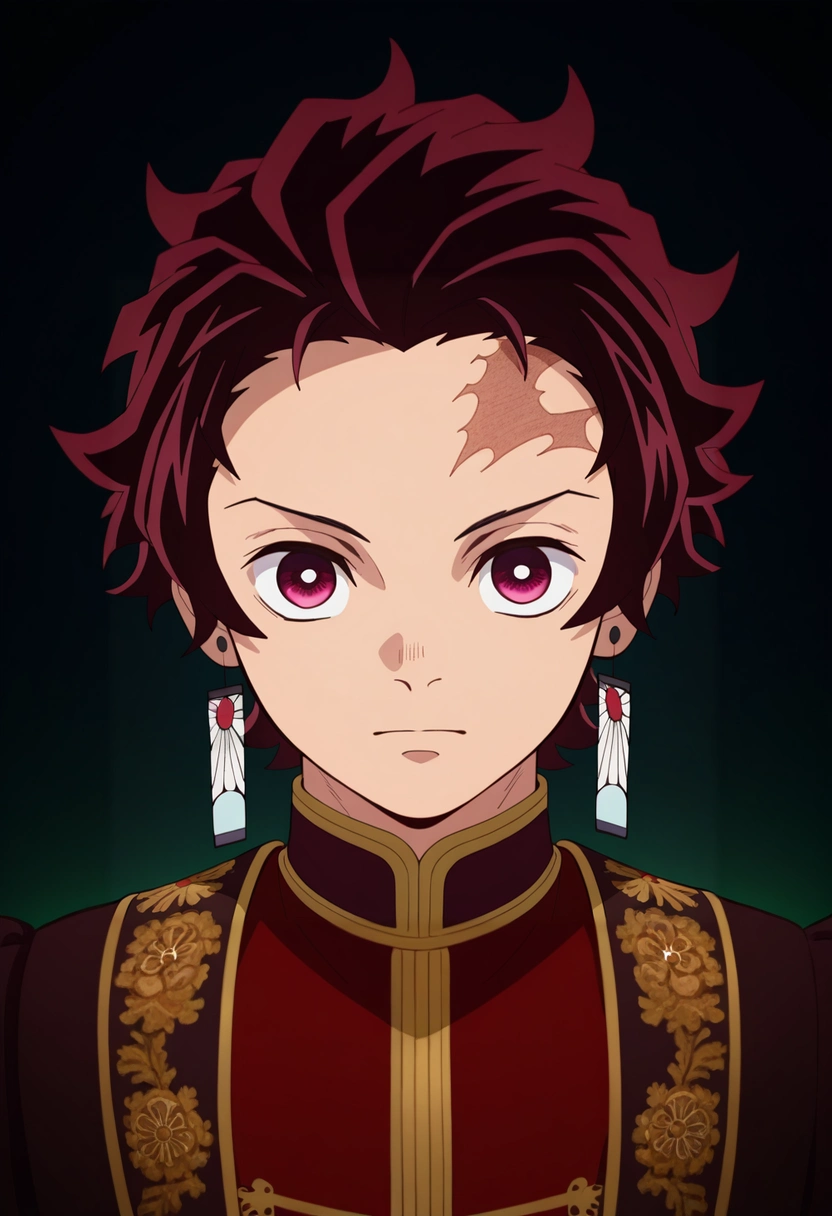 masterpiece, best quality, intricate details, (3d:0.4), looking at viewer, , 1boy, solo, male focus, <lora:tanjirou_kamado_ilxl:0.8>, tanjirou_kamado, 1boy, red hair, red eyes, short hair, scar on forehead, , Jungle Anemone, renaissance costume