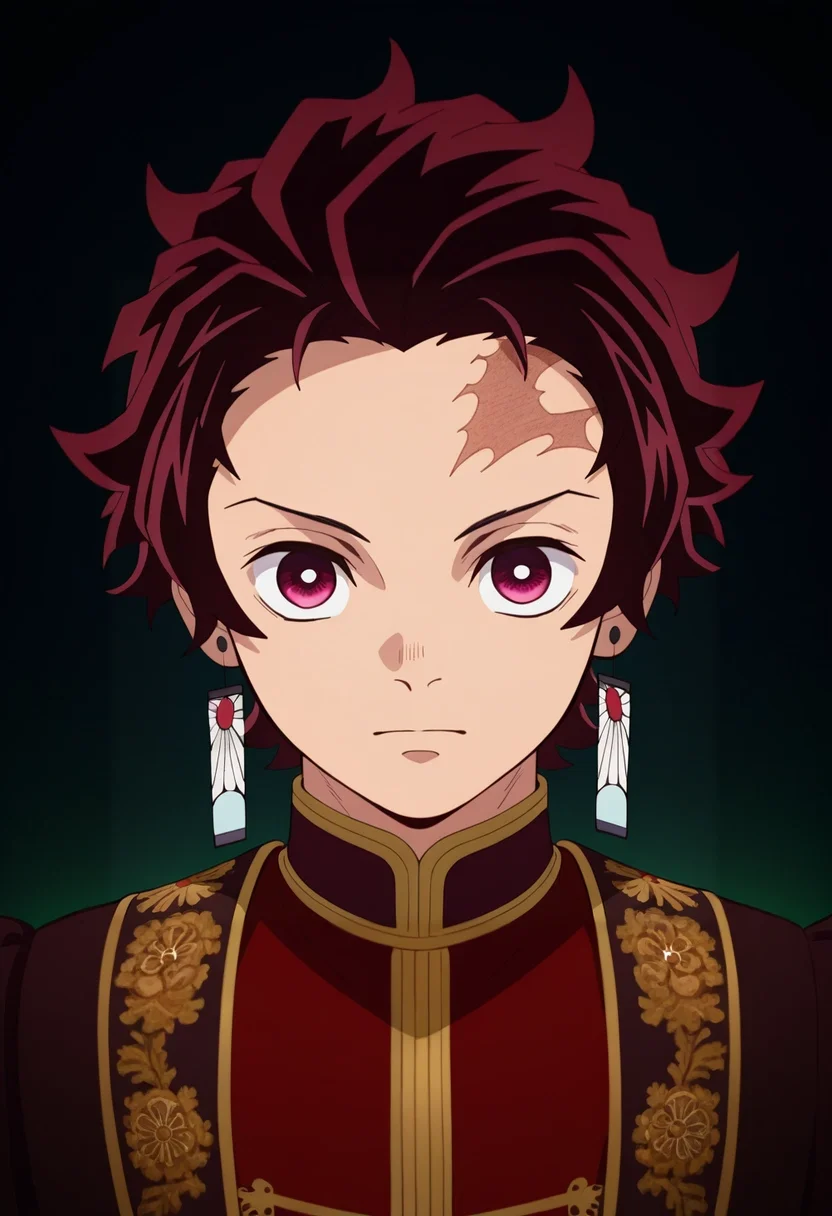 masterpiece, best quality, intricate details, (3d:0.4), looking at viewer, , 1boy, solo, male focus, <lora:tanjirou_kamado_ilxl:0.8>, tanjirou_kamado, 1boy, red hair, red eyes, short hair, scar on forehead, , Jungle Anemone, renaissance costume