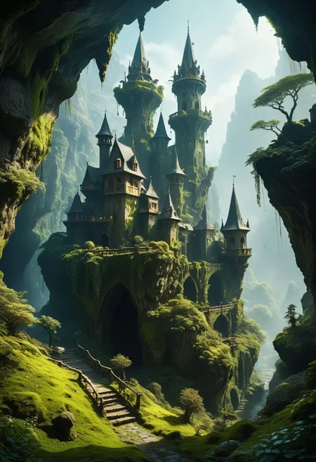 (magical fantasy hanging medieval city buildings with minarets in a fantastical vast expansive underground mossy enclosed cave dimension with lush shrubs vegetation), advntr, floating rock formations in zero gravity, (multi terraced slopes in a procession courtyard, cramped many story houses, many hanging connected multidimensional bridges and aqueducts with vines, giant olivine crystals and fungi), moody misty atmospherics, 4k, highres, best quality, dramatic, cinematic, epic, pantone analogue style, (concept art, digital art, realistic, professional masterpiece, dynamic, (curvilinear perspective), high view angle, establishing shot, low depth of field, tilt shift, iris blur, bokeh, sharp clarity:1.2), dvr-lnds-sdxl, fine intricate details, great lighting, warm dappled soft lighting, volumetric lighting, detailed highlights, rim lighting, low-key