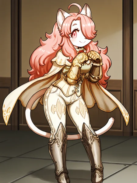 BREAK, <lora:Hanna_Fondant:1>, hanna fondant, fuga: melodies of steel, kemono, furry female, young female, 1girl, cat girl, white fur, pink eyes, pink hair, long hair, ahoge, hair over one eye, animal ears, cat ears, cat tail,
BREAK, Fuga 3 Outfit, metal boots, white pants, white top, white corset, gauntlets, white cape,
BREAK, solo, inside, standing, cute pose, closed mouth, looking away, head tilt, smile,