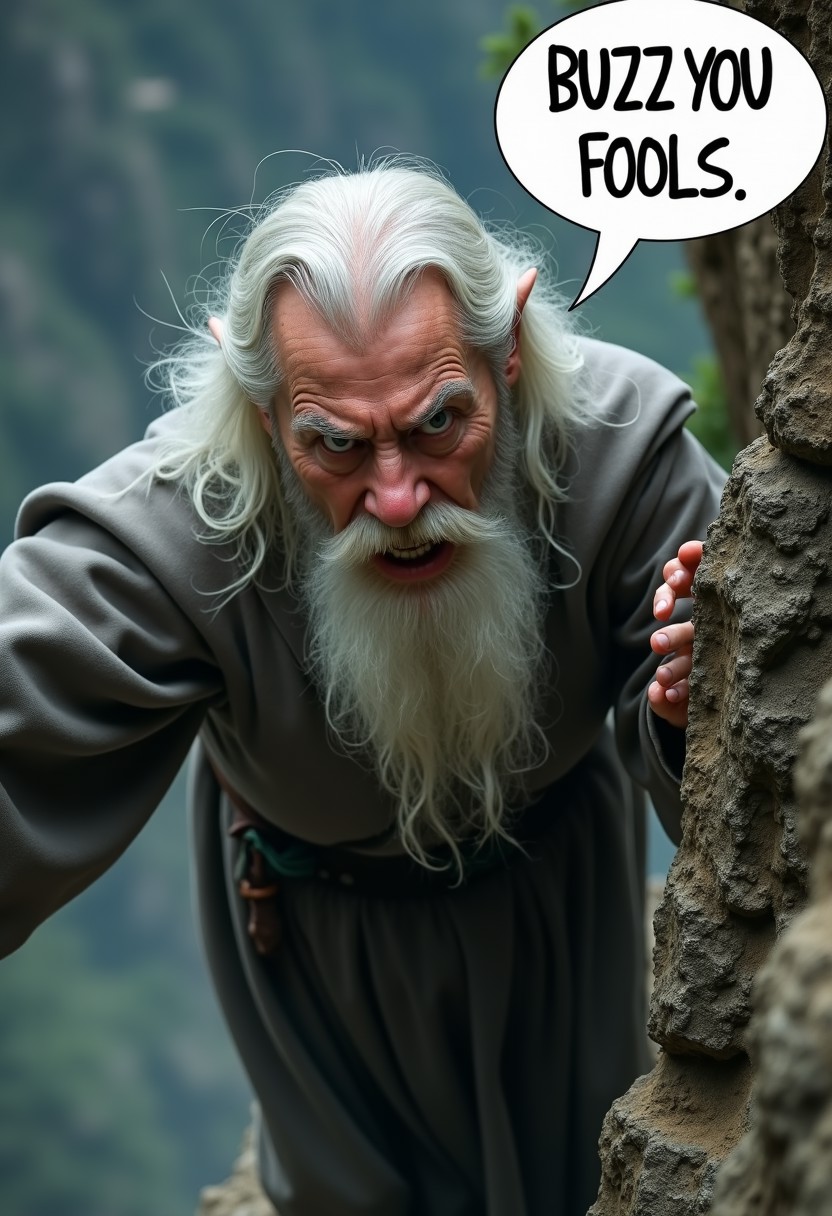 Highest quality film still from Lord of the Rings, Gandalf the Grey from Lord of the Rings, Gandalf closeup, he's dangling from a cliff, a look of urgency and fear on his face, he's saying the words "BUZZ YOU FOOLS" in a speech bubble over his head,  <lora:Gandalf:0.9>