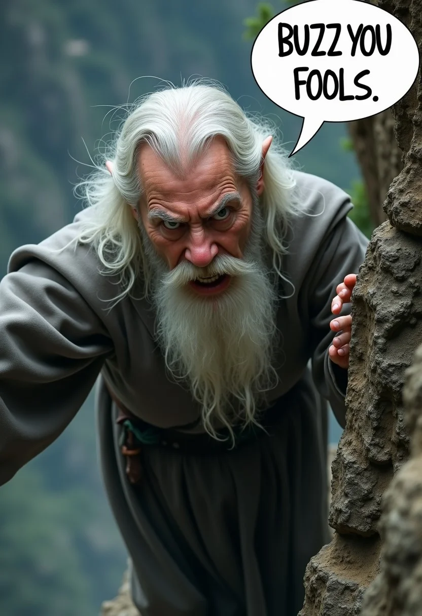 Highest quality film still from Lord of the Rings, Gandalf the Grey from Lord of the Rings, Gandalf closeup, he's dangling from a cliff, a look of urgency and fear on his face, he's saying the words "BUZZ YOU FOOLS" in a speech bubble over his head,  <lora:Gandalf:0.9>