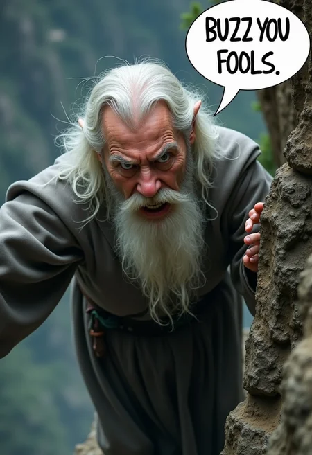 Highest quality film still from Lord of the Rings, Gandalf the Grey from Lord of the Rings, Gandalf closeup, he's dangling from a cliff, a look of urgency and fear on his face, he's saying the words "BUZZ YOU FOOLS" in a speech bubble over his head, <lora:Gandalf:0.9>