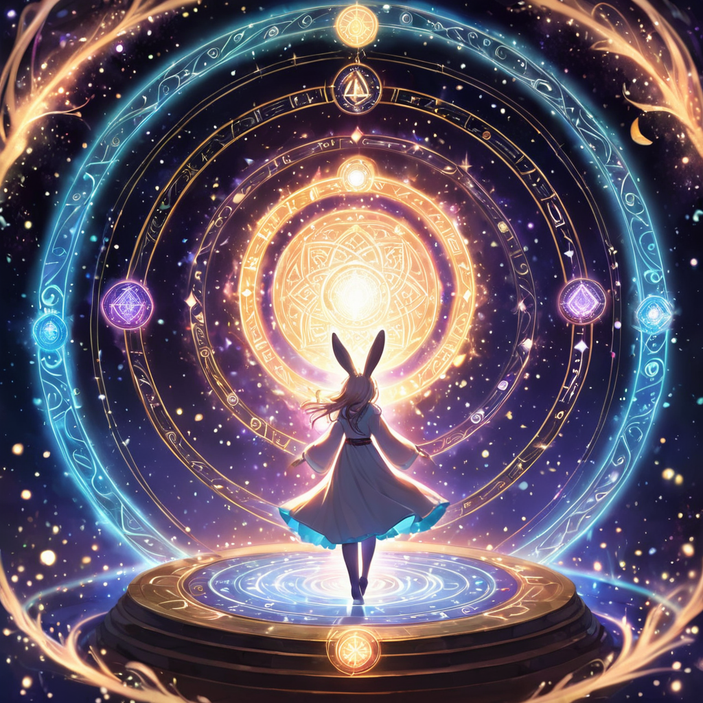 score_9,score_8_up,score_7_up, 
(Solo), full body, haru, furry female anthro, white fur, rabbit girl, black eyes, (shirt), cute round face, happy,
very aesthetic, intricate details,
ritual, many magic circles, magic array, magic circles sidelighting, light particles, abstract, beautiful, Expressive,lmao
swirling magic, swirling energy, pulsating aura, mystic symbols, glowing runes, shimmering particles, 
swirling leaves,