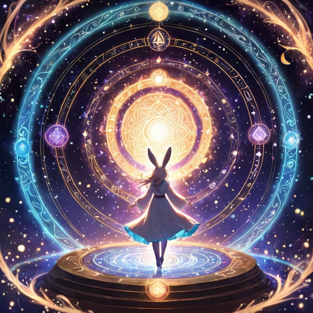 score_9,score_8_up,score_7_up, 
(Solo), full body, haru, furry female anthro, white fur, rabbit girl, black eyes, (shirt), cute round face, happy,
very aesthetic, intricate details,
ritual, many magic circles, magic array, magic circles sidelighting, light particles, abstract, beautiful, Expressive,lmao
swirling magic, swirling energy, pulsating aura, mystic symbols, glowing runes, shimmering particles, 
swirling leaves,