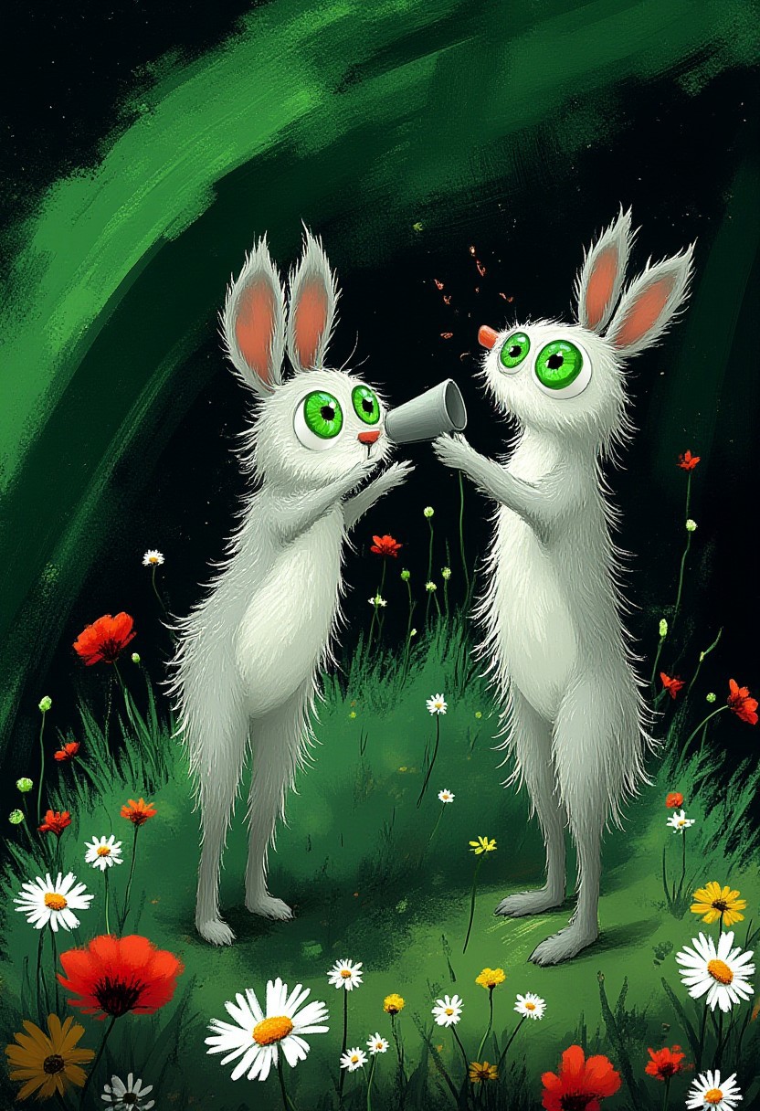 A whimsical illustration of impossibly tall rabbits with enormous emerald eyes reflecting constellations in dark whimsical art style, peering through telescopes made of curved mushrooms and starlit flowers, their spiky fur crackling with cosmic energy, digital painting with mystical brushstrokes, red poppies and white daisies floating in zero gravity, deep space background with northern lights, characteristic Tim Burton inspired design with eyes containing mapped star charts