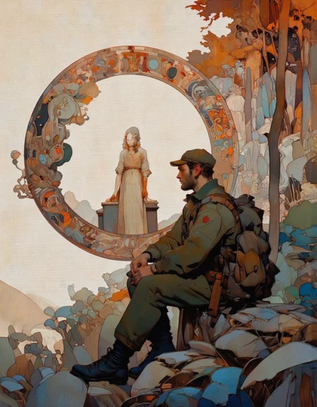 Steve McDonald Art. This image is a digitally rendered illustration in a stylized, semi-realistic art style, reminiscent of Art Nouveau. It features a lone figure, a man, seated on a rock in a serene, forested landscape. The man is dressed in a military-style uniform consisting of a green jacket, trousers, and boots, along with a cap and a backpack. He has a rugged, weathered appearance, with a short beard and a determined expression.
The man is positioned in the center of the image, sitting with his legs crossed and his hands resting on his knees. His gaze is directed toward the left, where a distant figure is visible through a circular, abstracted frame. This second figure, partially obscured by the frame, appears to be a woman standing on a pedestal or platform, wearing a flowing, long dress in muted earth tones.
The background is a blend of soft, pastel colors with hints of autumnal tones, suggesting a serene, autumnal forest setting. The circular frame around the man and the distant figure is adorned with intricate, abstract patterns and organic shapes, adding a sense of depth and mystery to the scene. The overall mood is contemplative and introspective, with a hint of melancholy. <lora:Steve_McDonald:1.25>