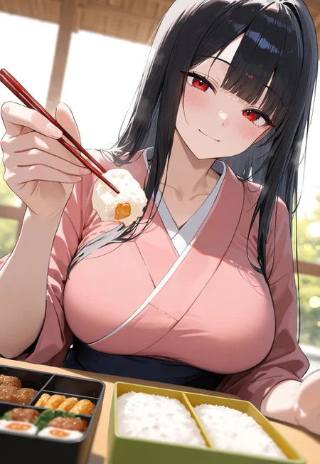 masterpiece,best quality,amazing quality,newest,absurdres,highres, newest,very awa, scenery,  anime,flat color,
(dutch angle),(close up),
1girl, beautiful face, perfect eyes, detailed eyes,mature female,slim body,
black hair,long hair, straight hair,blunt bangs,
 red eyes,head tilt,looking at viewer, closed eyes,
light smile,blush, happy ,
large breasts, collarbone, 
(holding food), bento box, chopsticks, (incoming food:1.3), reaching toward viewer,
pink kimono,
on table,dust,
depth of field,volumetric light,(blurry background:1.2), ,shadow, chromatic aberration, photo background,blurry foreground,sunlight, light rays, lens flare, bokeh
