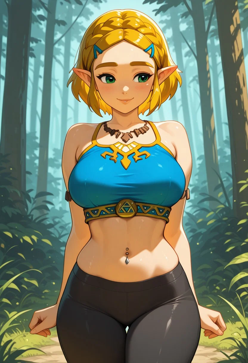 masterpiece, best quality, amazing quality BREAK zelda1x, leggings, blue crop top, forest, smile, navel piercing, flirty, (large breasts:1.3), lip gloss, <lora:Zelda:1>