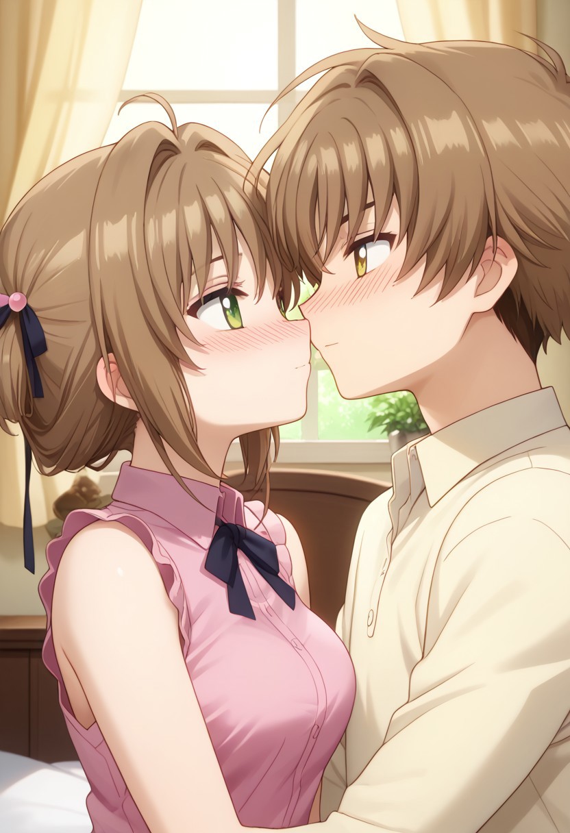 Score_9, score_8_up, score_7_up, close-up, upper body, imminent kiss, cuddling, nose blush, couple, eye contact, 1boy, Li Syaoran, brown hair, yellow eyes, collared shirt, BREAK 1girl,Kinomoto_Sakura, green eyes, medium breasts, pink sleeveless shirt, frills, bedroom,
