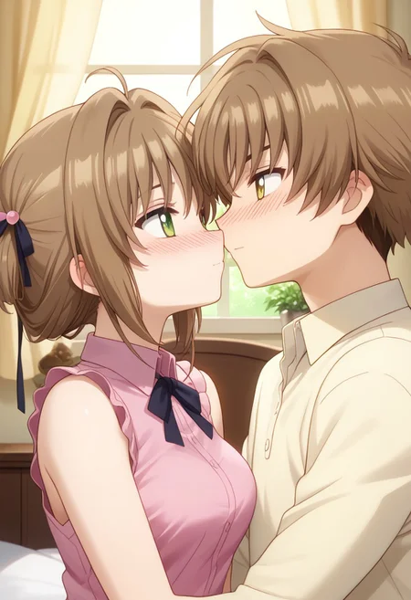 Score_9, score_8_up, score_7_up, close-up, upper body, imminent kiss, cuddling, nose blush, couple, eye contact, 1boy, Li Syaoran, brown hair, yellow eyes, collared shirt, BREAK 1girl,Kinomoto_Sakura, green eyes, medium breasts, pink sleeveless shirt, frills, bedroom,