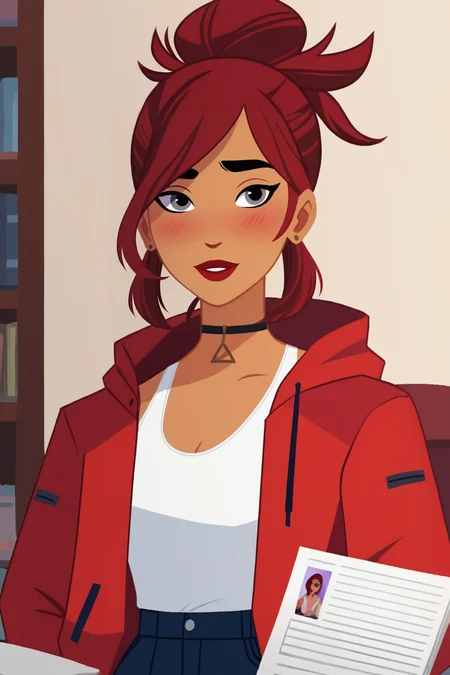 score_9, score_8_up, score_7_up, score_6_up, score_5_up, score_4_up,
((vector artstyle, flat color:1.8, source_cartoon, pencil sketch, 2d, no lineart:1.8, minimalism)), BREAK.
choker, red jacket, BREAK.
indoors, blush, light smile, looking at viewer, BREAK.
<lora:CarmenSandiego:1>, skinny, petite, 1girl, solo, dark skin, dark-skinned female, grey eyes, red hair, tied hair, topknot, earrings, jewelry, red lips