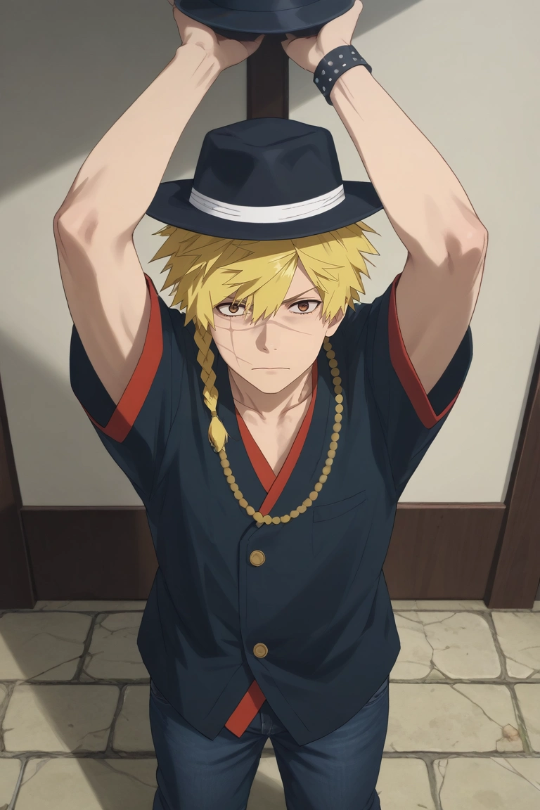 score_9, score_8_up, score_7_up, source_anime, rating_safe, , (photorealistic:0.6), , , 1boy, solo, male focus, <lora:choubei_aza_pony:1>, choubei_aza, blonde hair, brown eyes, long hair, braid, spiked hair, scar on face, , from above, full body, great wall of china, indoors, light, arms above head, sad, jeans, fedora, <lora:sdxl_lightning_8step_lora:1>