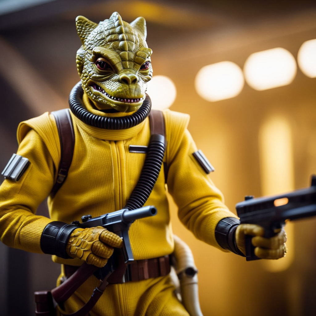 cinematic film still of  <lora:Bossk:1.2>
Bossk a reptilian creature in a yellow outfit holding a gun in star wars universe, shallow depth of field, vignette, highly detailed, high budget, bokeh, cinemascope, moody, epic, gorgeous, film grain, grainy