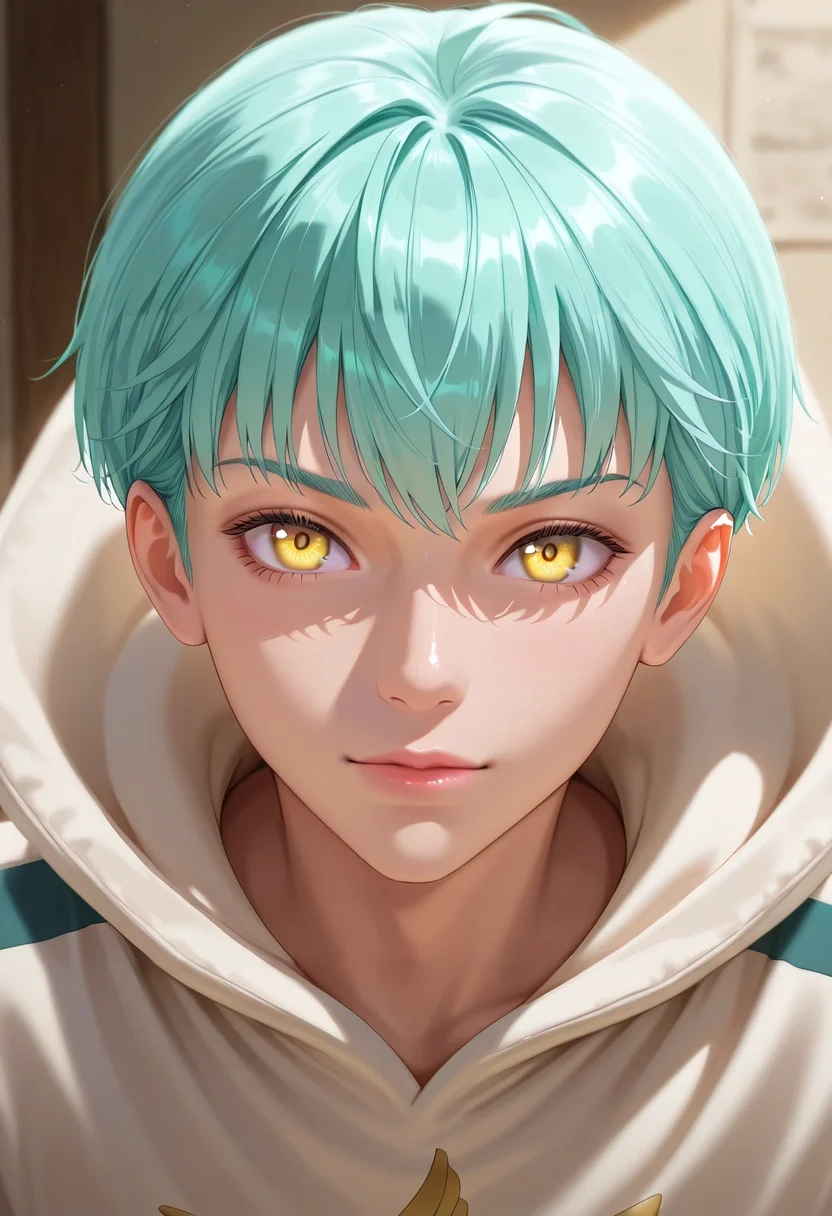 masterpiece, best quality, , (photorealistic:0.6), , 1boy, solo, male focus, <lora:sariel_nnt_ilxl:0.96>, sariel_nnt, aqua hair, yellow eyes, short hair, , ,