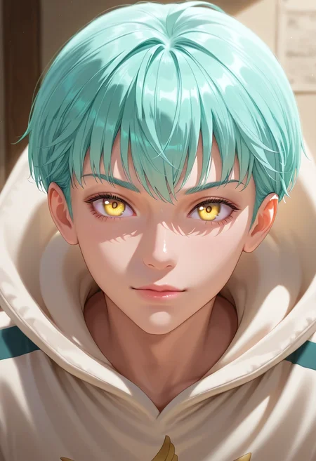masterpiece, best quality, , (photorealistic:0.6), , 1boy, solo, male focus, <lora:sariel_nnt_ilxl:0.96>, sariel_nnt, aqua hair, yellow eyes, short hair, , ,