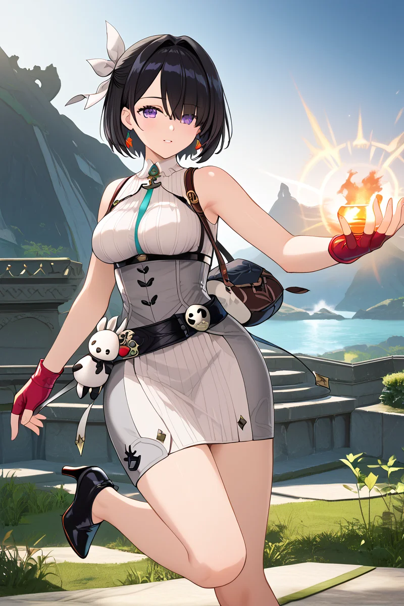 <lora:yumia_liessfeldt_AY_pony:1>underbust, yumia liessfeldt, alchemist's survey attire (light), outfit 2, medium breast, mole under eye, cauldron shape bag, black hair, hair bow, plushie toys, 1girl, solo, short hair, gloves, dress, bare shoulders, jewelry, medium breasts, purple eyes, sleeveless, belt, fingerless gloves, white dress, mole, hair over one eye, sleeveless dress, short dress, red gloves, grey dress  <lora:HandFixer_pdxl_Incrs_v1:1> white skirt, high heel boots, black footwear, high heels with ankle booster, booster on ankle,