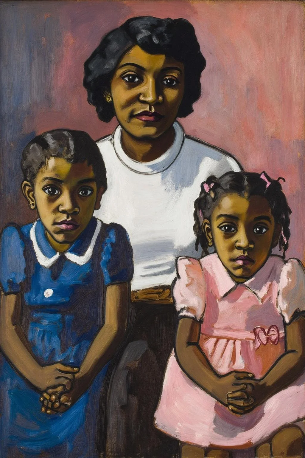 aliceneel1 painting.
A family portrait features an African American woman and her two children. The woman, seated in the center, has short, curly hair. She wears a white long-sleeved top and dark pants, with a calm and gentle expression.
The young girl on the left is wearing a blue dress with white collars.
The young girl on the right is wearing a pink dress.
<lora:aliceneel1_cap_d6a3e12:1.0><lora:842435230980824541:0>