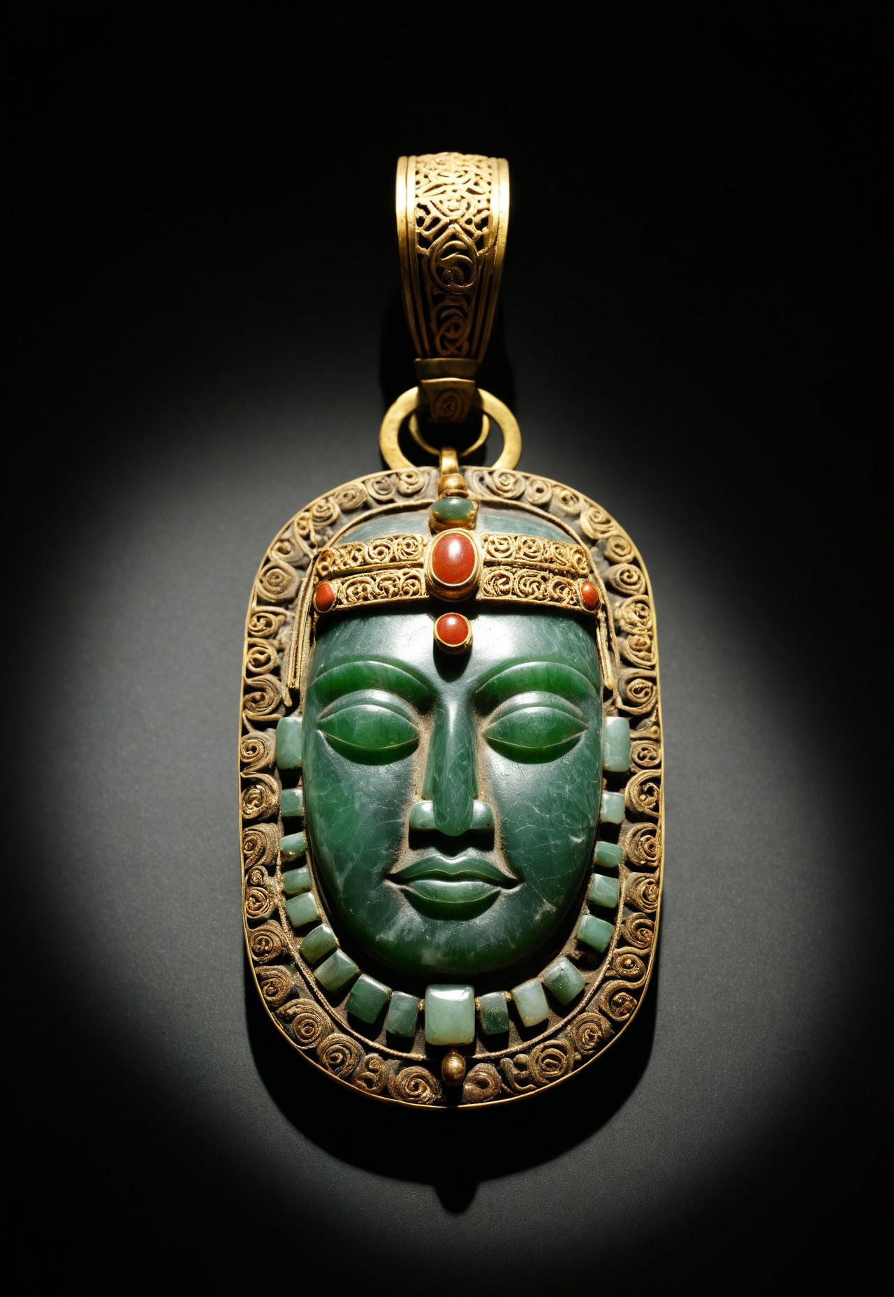 score_9, score_8_up, score_7_up, score_6_up, ((highly realistic, highly detailed, photorealistic, photography, photo)), ((high quality:1.4, best quality:1.5)), ((full view, pov from above)), view of an antique amulet exposed in an museum, the antique amulet is made of carved old jade and aged gold intricate inlay, the the antique amulet come from old Maya civilisation, ((the antique amulet have a Maya face carved on it)), (sharp shadow, dim light, low light, dramatic light), fixl-art