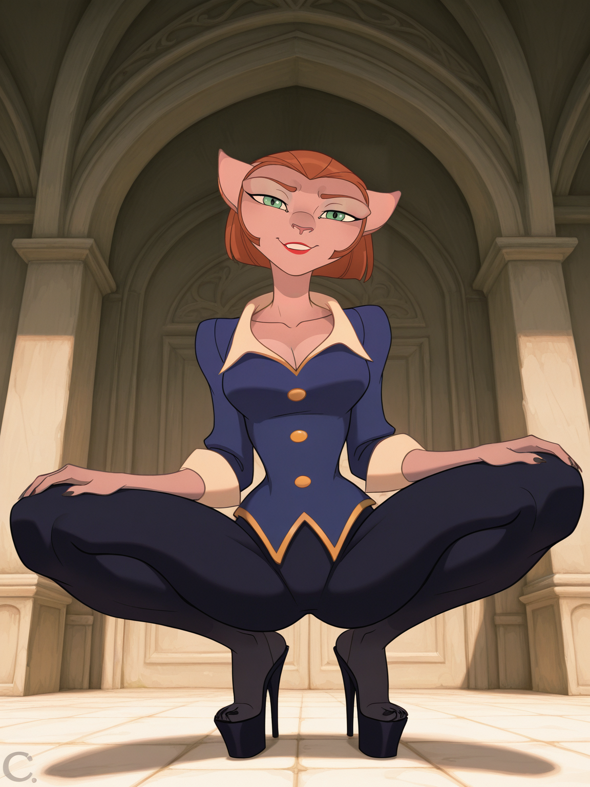 <lora:Captain_AmeliaIL:0.8> c_a, 1girl, cat, furry, ginger hair, green eyes, mint eyelids, freckle on upper right lip,
looking at viewer, squatting, front view, spreading legs, platform high heels