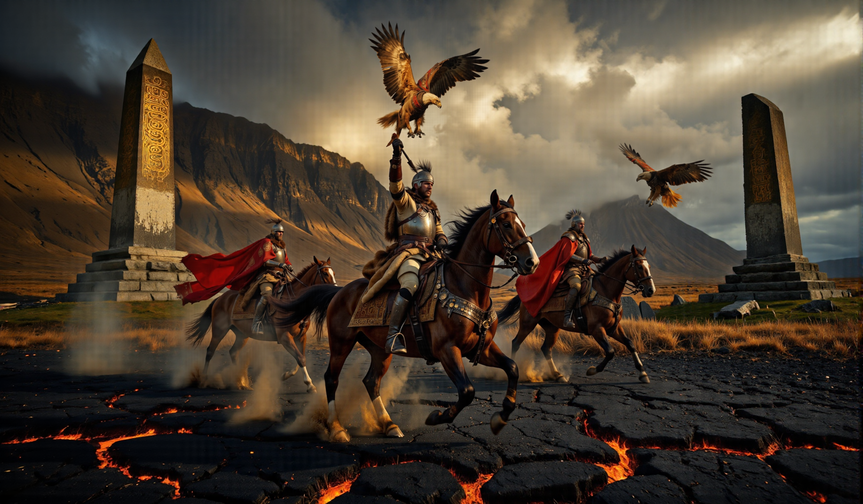 <lora:lora.TenggerVillageLife:0.8> ultra-detailed eagle feathers, cinematic lighting, mythic riders, volcanic ground, tribal armor, glowing embers, dynamic clouds, weathered stone monoliths, volumetric light shafts, epic fantasy, high contrast textures, powerful facial expressions
(HighlandWardens:1.3), three armored eagle riders galloping across a shattered highland valley, volcanic stone terrain with glowing cracks, horses kicking up dust and sparks, red ceremonial banners flowing in the wind, ancient warriors in fur-lined leather armor, determined expressions, cinematic posture.  
One rider holds a large golden eagle perched calmly, while the others command eagles in full flight with powerful wingspans. Massive stone obelisks carved with ancient glyphs rise from the ground, mist rolling through the valley. A stormy, overcast sky breaks with golden shafts of divine light. Epic fantasy atmosphere, photorealistic textures, high detail, dramatic lighting, mythic realism, no sci-fi, no modern elements.
--ar 21:9 --v 5.1 --style cinematic --style raw, RAW candid cinema, 16mm, color graded portra 400 film, remarkable color, ultra realistic, textured skin, remarkable detailed pupils, realistic dull skin noise, visible skin detail, skin fuzz, dry skin, shot with cinematic camera
