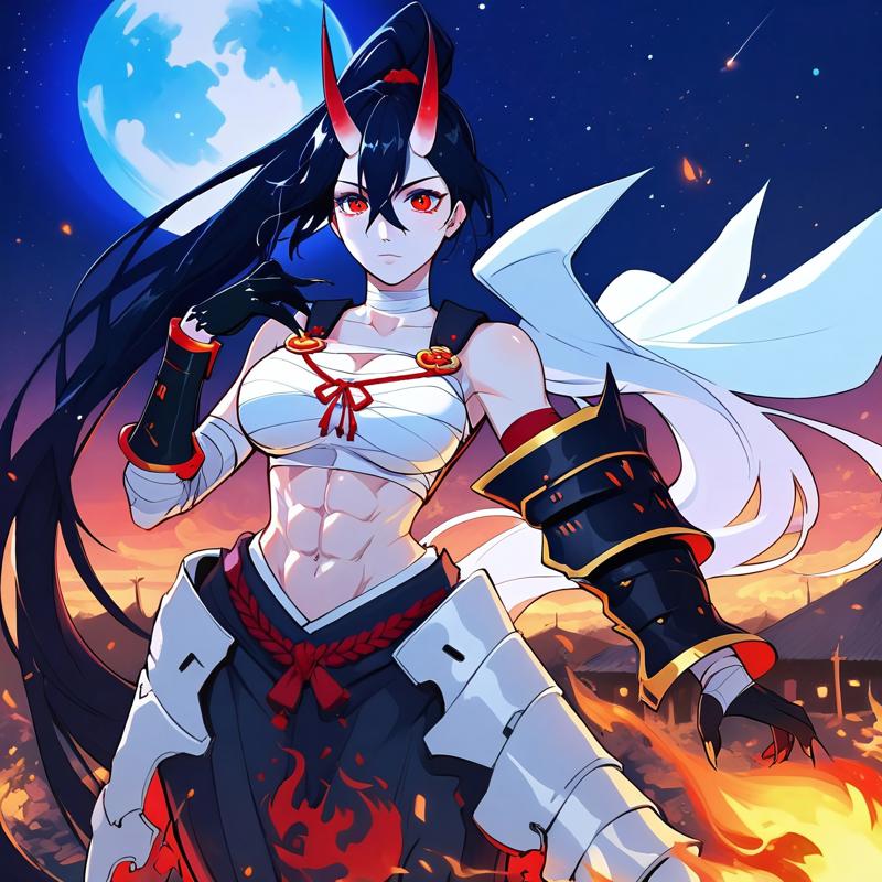 safe_pos, score_9, score_8_up, score_7_up, tamaytka, detail1eye,
1girl, solo,
straight-on shot, panorama,
(standing),
hand up, open hand
Fireball, casting fireball with hand up, 
BREAK
(Thicc:1.4), (large breasts:1.4), (wide hips:1.5), (thick thighs:1.2), abs, fit, White skin,
akakage youtou hime, (Black hair), ponytail, (absurdly long hair:1.4),
red eyes, tsurime,
sarashi, bandages, midriff, detached sleeves, (floating armor arm piece:1.5), single gauntlet, faulds, sharp nails, (black hands:1.5),
BREAK
(night), moon, (Japanese village), (darkness:1.4), (Japan night)