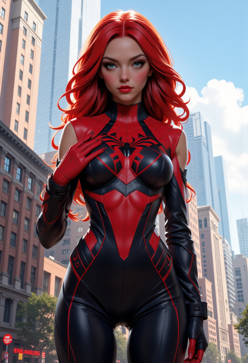 full body view, photoshoot poses, dynamic angles, multiple angles, photoshoot poses;A photo of MJ_Marv3l, cosplaying as spiderman, is a digital illustration, playful, and whimsical. The image features a woman with red hair wearing a black and red spiderman suit. She is standing in front of a cityscape, with a building visible in the background. The woman is posing confidently, showcasing her costume and the spiderman logo on her chest. The overall composition of the image is dynamic and visually engaging, capturing the essence of the spiderman character. with a sense of action and adventure. Style: realistic hyper-detailed rendering, 32k UHD, expressive eyes, punk, graphic design, girl's face, pretty and cute, gleaming lips, telling a tale of adventure. Exuding confidence and serenity. The overall mood of the image is happy and relaxed,detailed skin texture,(blush:0.2),(goosebumps:0.3),subsurface scattering,with a playful and whimsical tone, Niji style, detailed hand, perfect hands, 