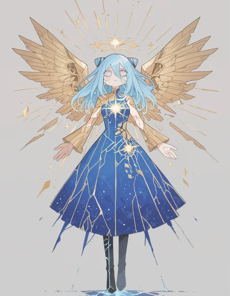 masterpiece, best quality, newest, absurdres, highres, celestial figure formed from shattered stars, glowing cracks running through cosmic body, starlight leaking from fractures, broken constellations reforming into new life, radiant wings made of nebula dust, surreal galaxy horizon, beams of light bursting from wounds, infinite night sky background, tears turning into blooming novas, soft golden and blue glow, sacred geometry faintly swirling, with the theme "hope reborn from broken stars", emotionally overwhelming and transcendent atmosphere, 69yotte4_illu, ta-illu, <lora:Tomomi_Abe_Style_V1_Illu_Edition:0.8> <lora:69yottea_illu_v2:0.85>