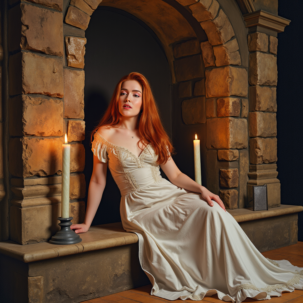 hyperrealistic art watercolor painting expressionist Inside an ancient castle, bathed in the glow of flickering candlelight, the redheaded goddess sitting on the cold stone altar, she's wearing a full victorian dress. Her fiery locks spill over the sacred ground as she gazes upward, looking at the viewer,  her lips parted in an expression of pure, sinful ecstasy. Itâs an image of contrastâholiness and eroticism intertwined, a vision of defiance in a place of restraint  <lora:jialissa64:0.9> jialis . raw, emotional, dynamic, distortion for emotional effect, vibrant, use of unusual colors, detailed . vibrant, beautiful, painterly, detailed, textural, artistic . extremely high-resolution details, photographic, realism pushed to extreme, fine texture, incredibly lifelike