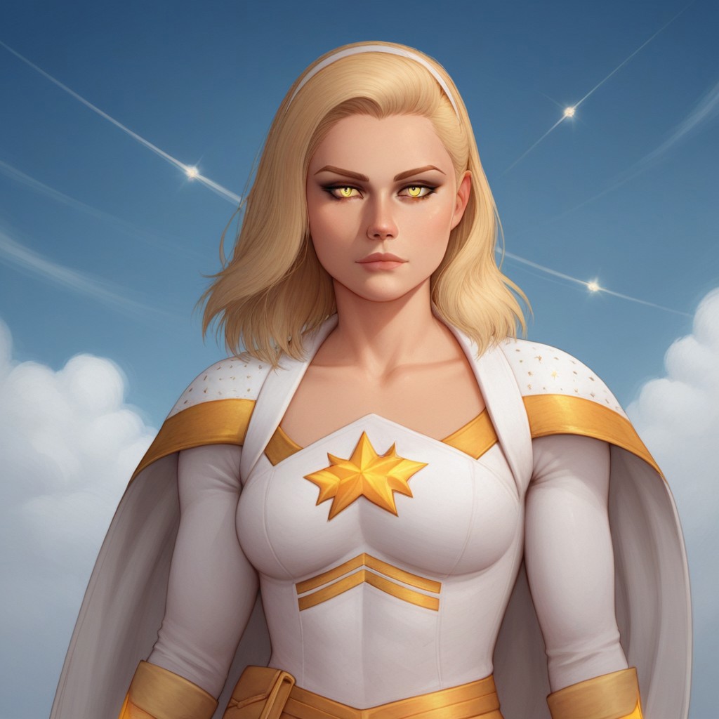 2d, score_9, score_8_up, score_7_up, score_6_up, score_5_up, score_4_up, Expressiveh, 1 girl, solo, intricate details, rating_adult, Expressiveh, WJS07style. starlight, blonde hair, beautiful woman, glowing_yellow_eyes, starlight_costume, sky background, clouds. sunshine in background, upper body focus, skirt, cape blowing in the wind