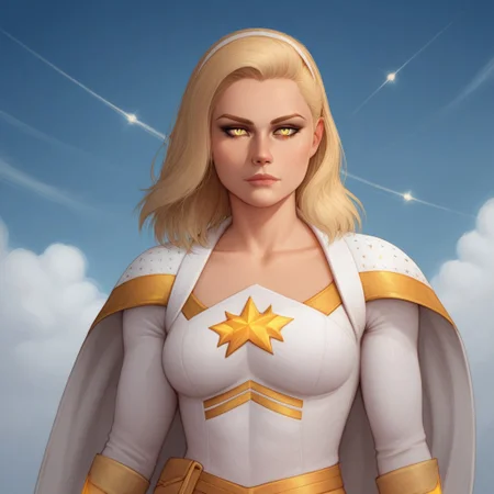 2d, score_9, score_8_up, score_7_up, score_6_up, score_5_up, score_4_up, Expressiveh, 1 girl, solo, intricate details, rating_adult, Expressiveh, WJS07style. starlight, blonde hair, beautiful woman, glowing_yellow_eyes, starlight_costume, sky background, clouds. sunshine in background, upper body focus, skirt, cape blowing in the wind