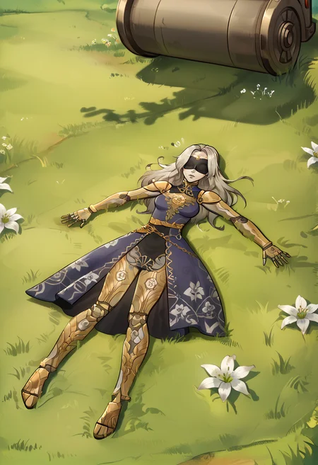 score_8_up, (asura style:0.8),
woman, 2b Nier automata, blindfold, full body, lying on grass in a dynamic position, in a botanic garden, her dress Iridescent fabric, Embroidery, Silver and gold metallic threads, Floral patterns, Asymmetrical neckline, dark and eery, muted pastel colors, extremely detailed face and eyes,
<lora:Flattened_Body__Concept_Lora:1.0>