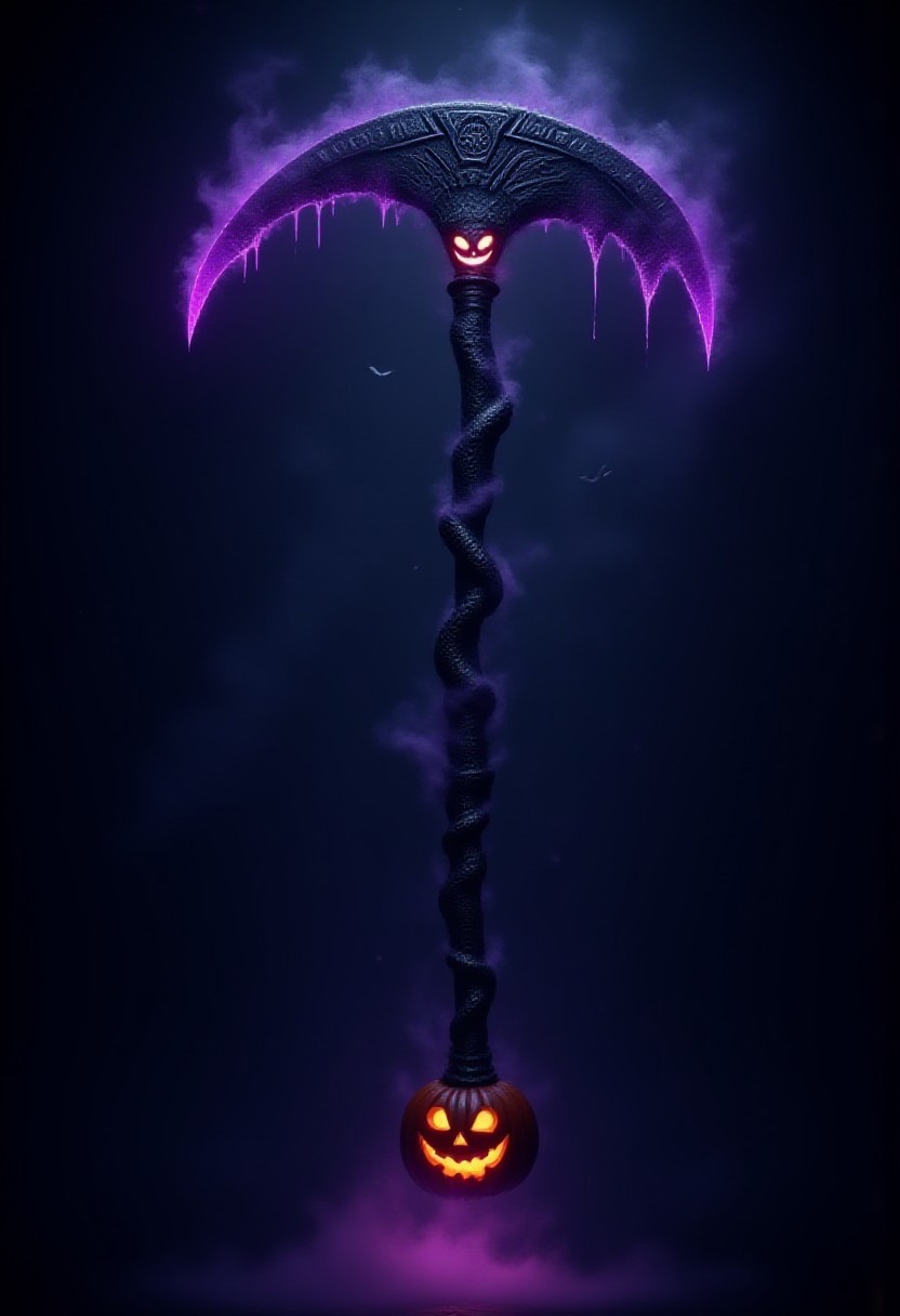 A terrifyingly cool Halloween weapon—an ancient scythe with a long, twisted black handle covered in glowing, eerie runes. The blade is sharp and jagged, forged from obsidian and pulsing with dark purple energy. At the base of the blade, a grinning jack-o'-lantern face is etched into the metal, glowing with an orange light from within. The weapon emits a faint, ghostly mist, and bats swirl around it, giving it an ominous, spooky aura. High-quality, dark, and cinematic lighting to emphasize its haunted and menacing presence